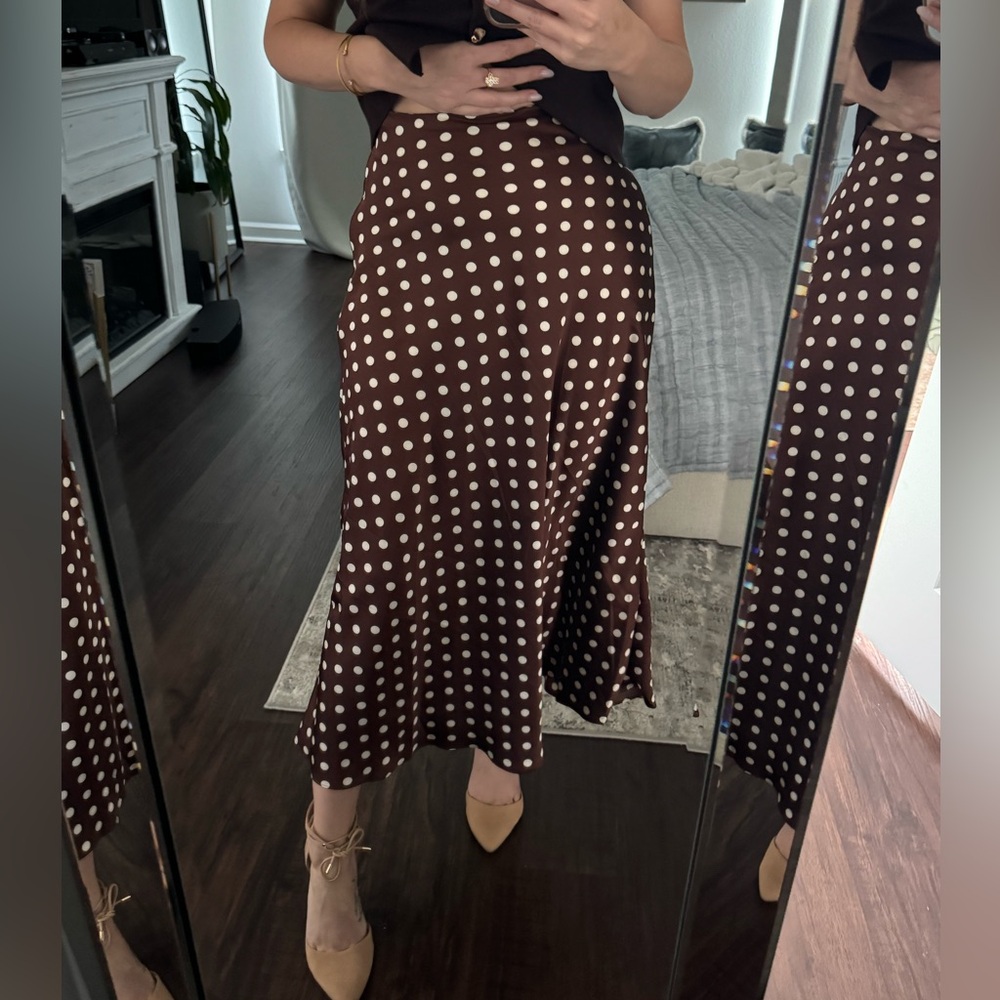 Fall Old Money Style Women's Chocolate Brown / White Polka Dot Satin Long Skirt - Picture 5 of 11